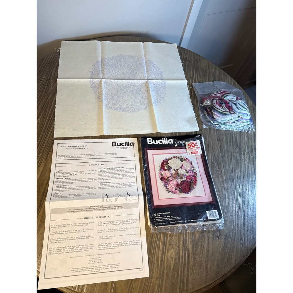 Vintage 1994 Bucilla Crewel Kit The Garden Wreath II 14x14 Floral 40871 Unused‎